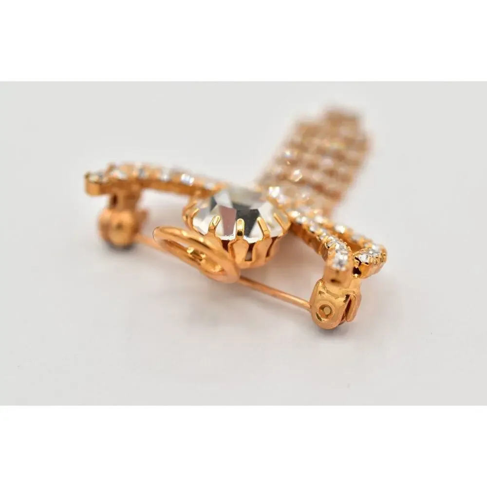 Vintage Crystal Angel Pin Brooch Prong Rhinestone Halo Gold Tone Fringe BinAL
